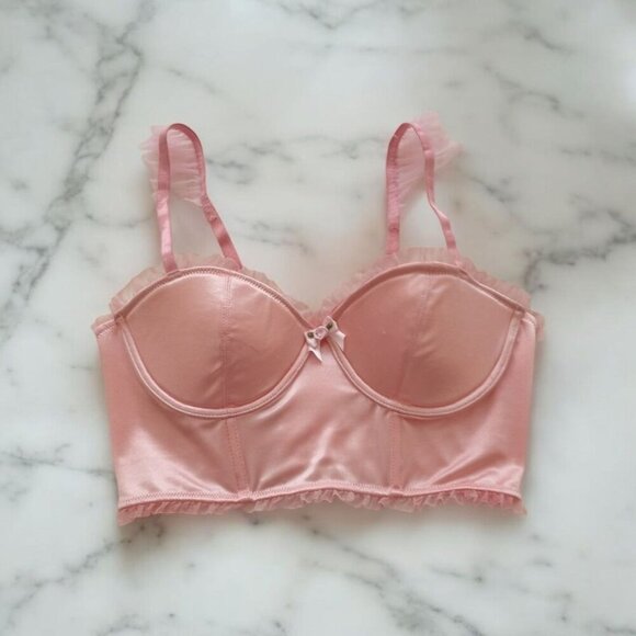 Sugar Thrillz ✦ Luv Me Tender Satin Ruffled Bra Top ✦ Pink Molded Cup Crop S & L - Picture 2 of 8